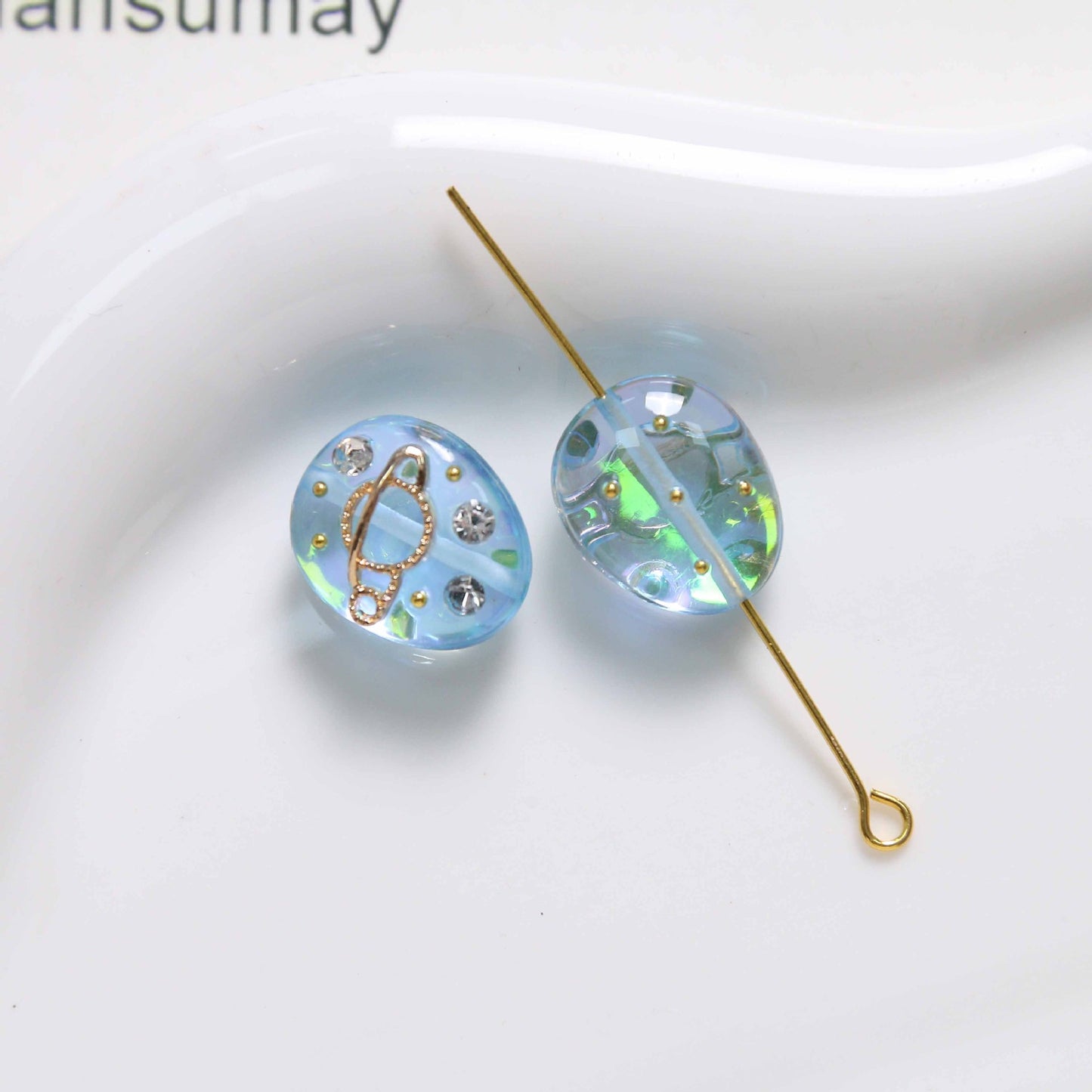 Oval Resin Rhinestone Beads 17x14mm Planet Pattern 5pcs 11