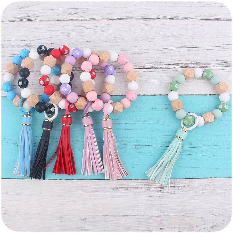 Daisy Tassel Silicone Beaded Wristlet Keychain Colorful Charm 2