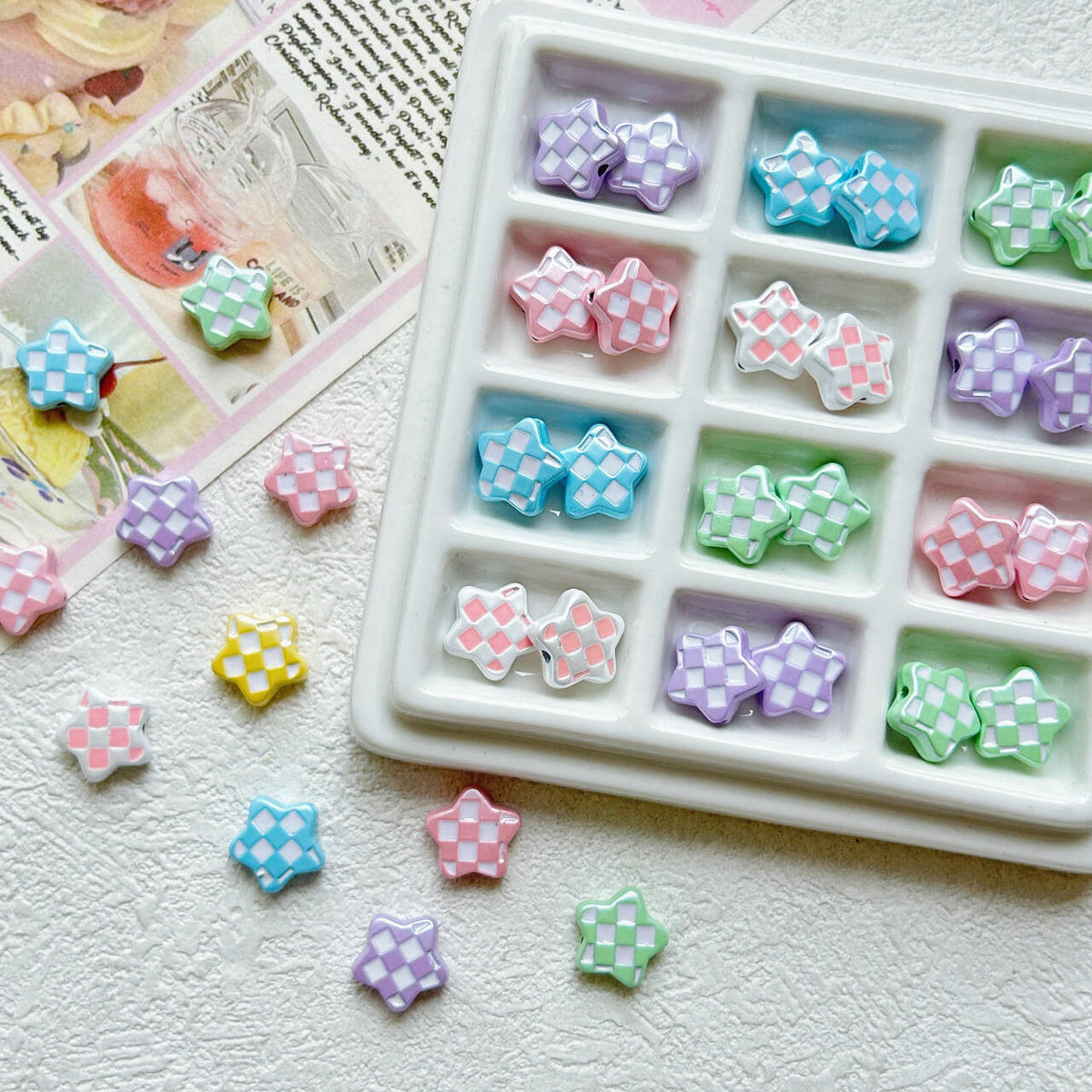 Star Metal Beads 12mm Baking Painted Plaid Pattern 10pcs 4