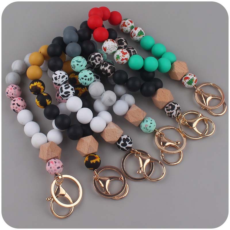 Leopard Wood Octagonal Silicone Bead Wristlet Keychain 4
