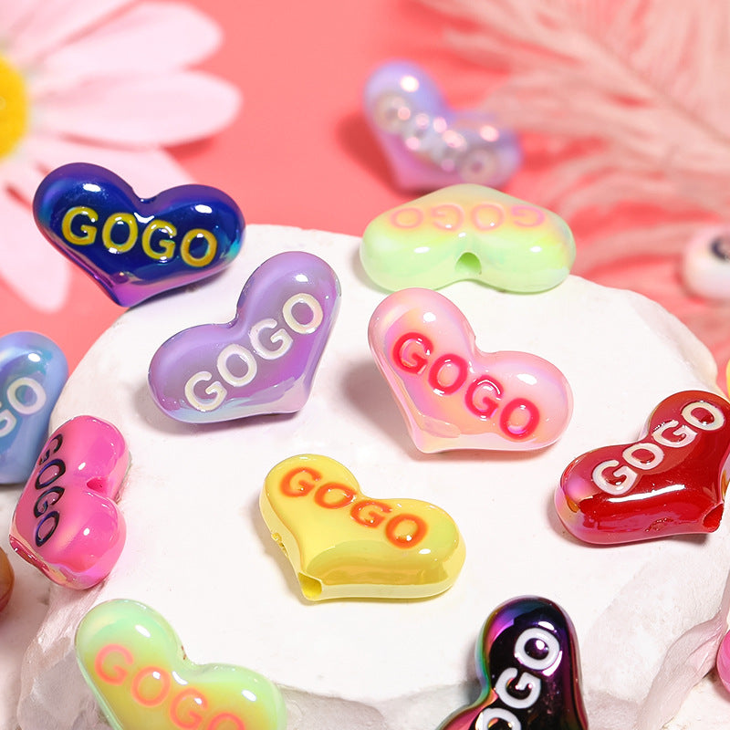 UV Plating Heart Acrylic Beads 14x23mm GOGO Printed Glossy 50pcs