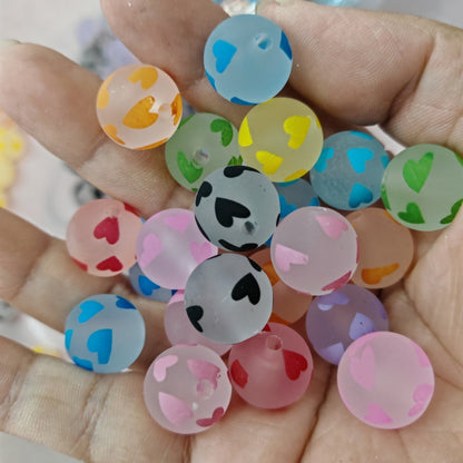 Matte Heart Acrylic Beads 16mm Printed Multicolor 100pcs