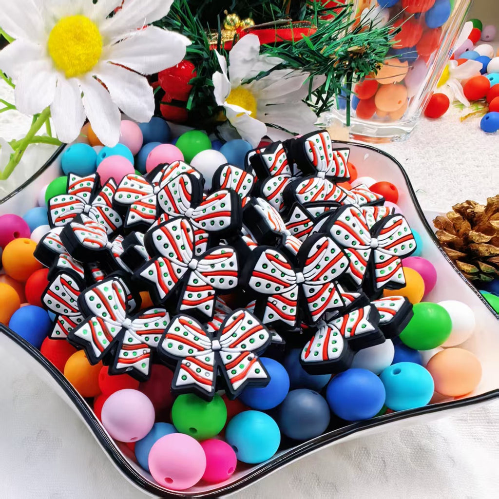 Silicone Focal Beads Bow White Spot Outline Colorful Spots 20pcs 2