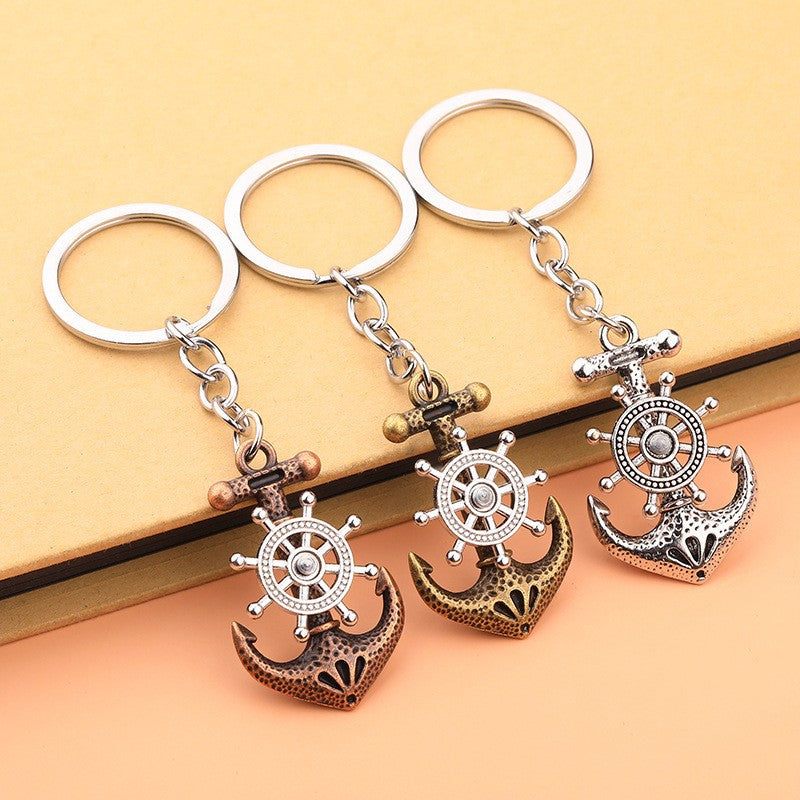 Vintage Pirate Ship Keychain Alloy Anchor and Ship Wheel Nautical Charm