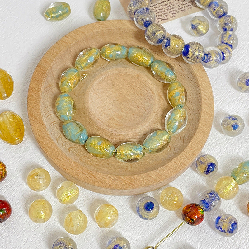 Lampwork Glass Beads Olive Shaped Vintage Gold Foil Filled 1pc 3