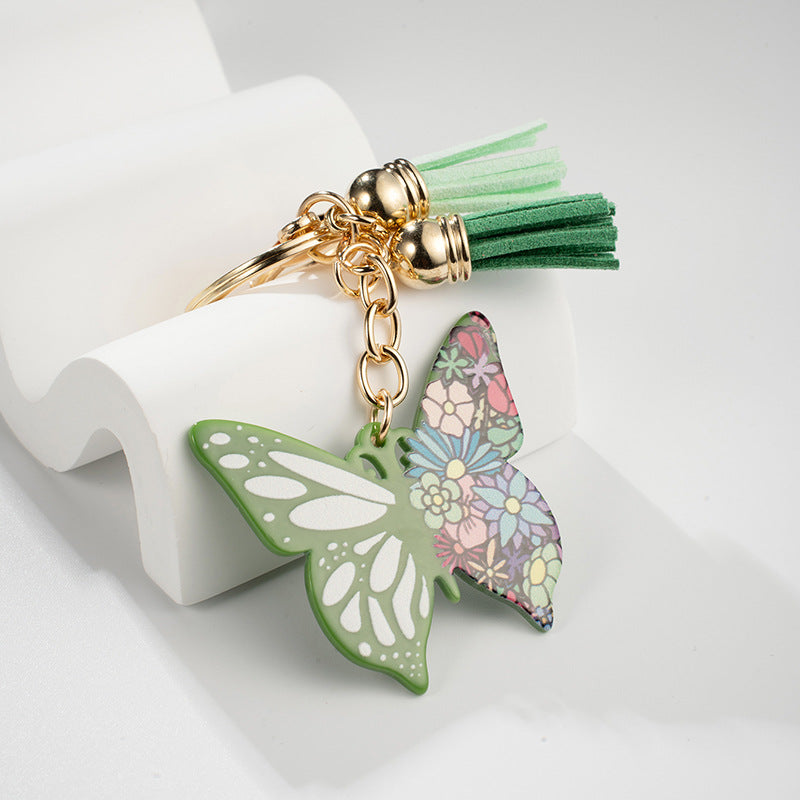 Metal Butterfly Tassel Keychain Green Floral Mosaic Charm