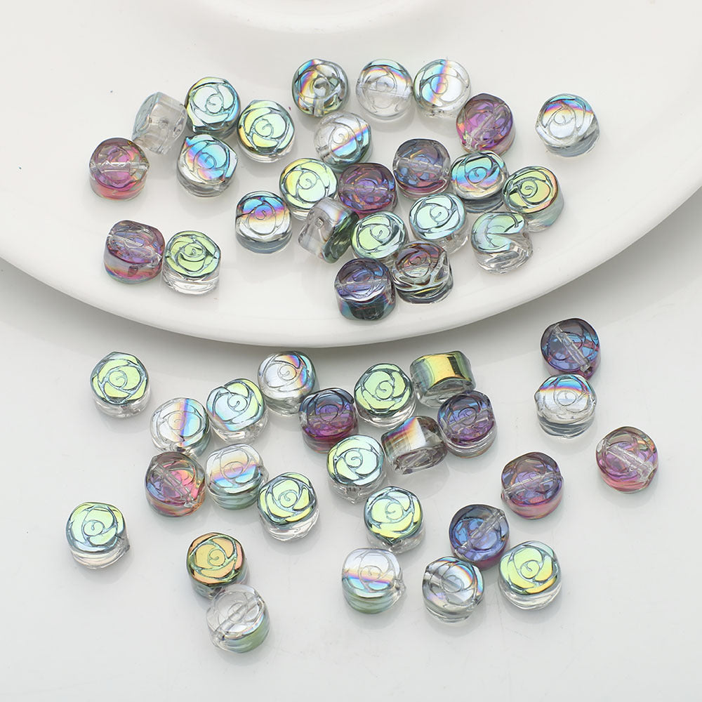 Flat Rose Glass Beads 6mm Iridescent Plating Floral Cube 50pcs 8