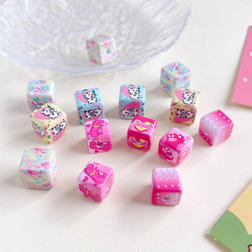 Printed Square Acrylic Beads 14-15mm Dinosaur Cat Graffiti 50pcs 4