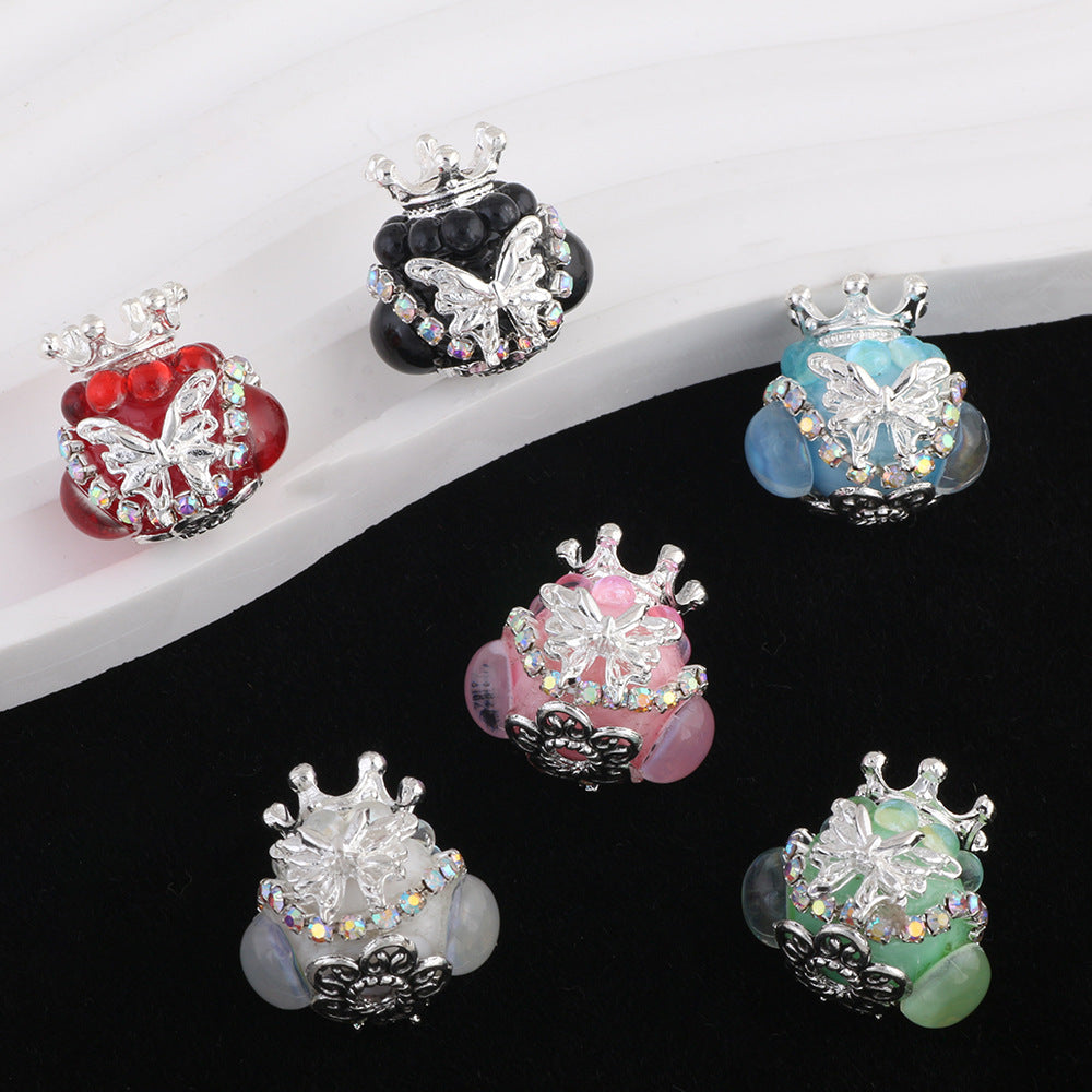 Butterfly Crown Polymer Clay Rhinestone Beads 21mm Round 6pcs 2
