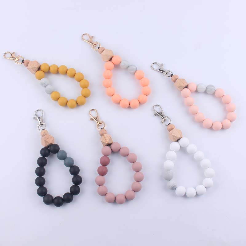 Wood Hexagon Silicone Bead Wristlet Keychain Natural Pastel Colors