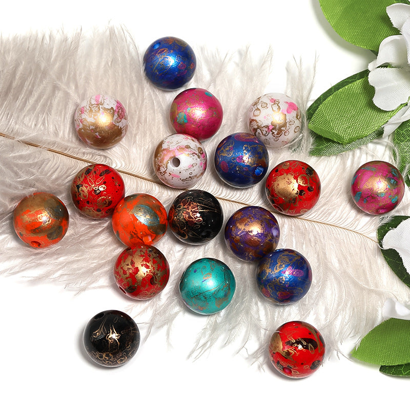 Plating Round Acrylic Beads 16mm Gilded Stamping Ethnic Style 50pcs 4
