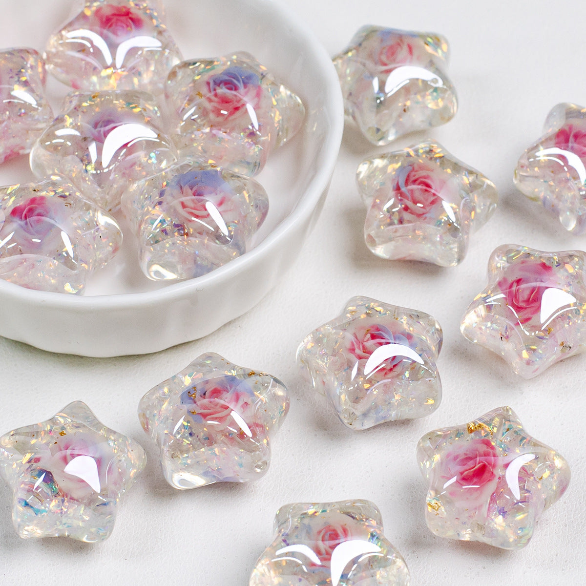 Glitter Rose Star Resin Beads 22mm Sparkle Mixed Colors 10pcs 15