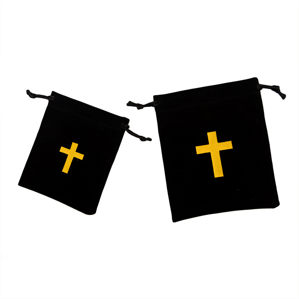 Black Velvet Drawstring Pouches with Gold Cross Pattern 10pcs 10x12cm