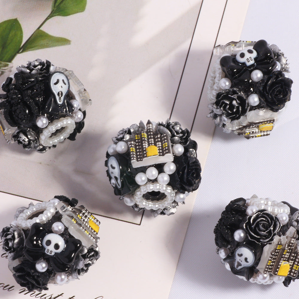 Halloween Barrel Clay Beads 26mm Skull Black Roses Pearl 5pcs 6