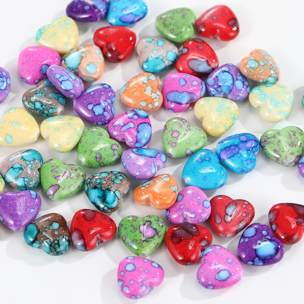 Blooming Ink Color Heart Acrylic Beads 15mm Colorful Mixed 100pcs 3