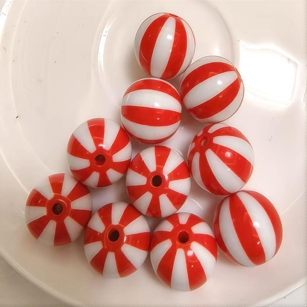 Striped Bubblegum Beads 20mm Red and White Glossy Printed 10pcs 2