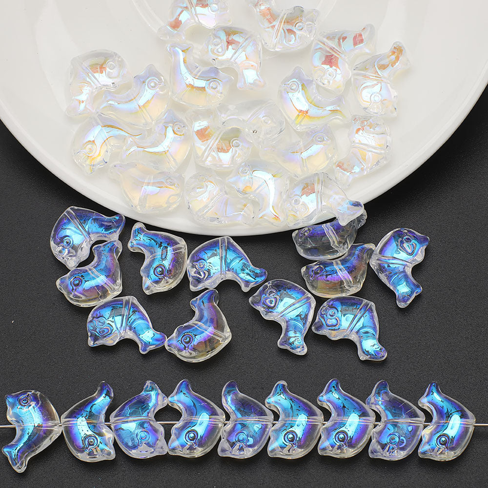 Plating 3D Dolphin Glass Beads 11x16mm Iridescent Colors 30pcs 20