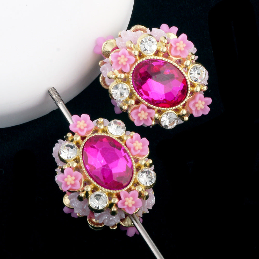 Vintage Flower Wrapped Clay Beads 28mm Oval Rhinestone 2pcs 12