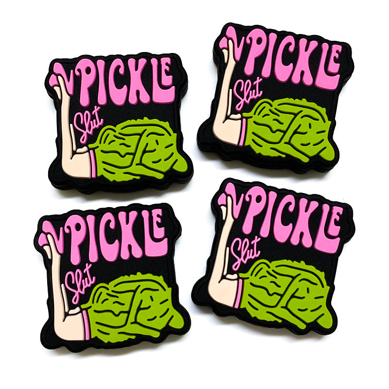 Silicone Focal Beads Vpickle Polychrome Graphic Pink Lettering 20pcs 3