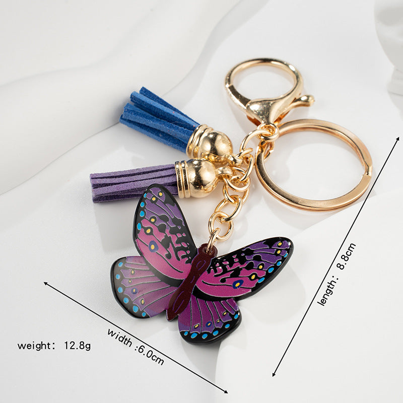 Metal Colored Butterfly Tassel Keychain with Purple Pink Wings Navy Tassels 5