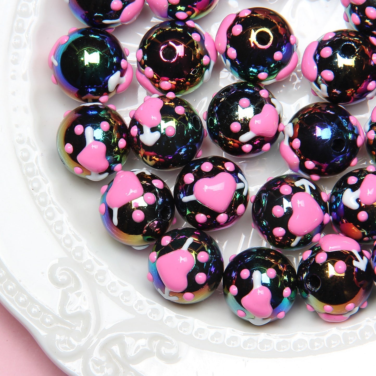 Hand Painted Cat Claw Strawberry Series Acrylic Beads 16mm 10pcs 9