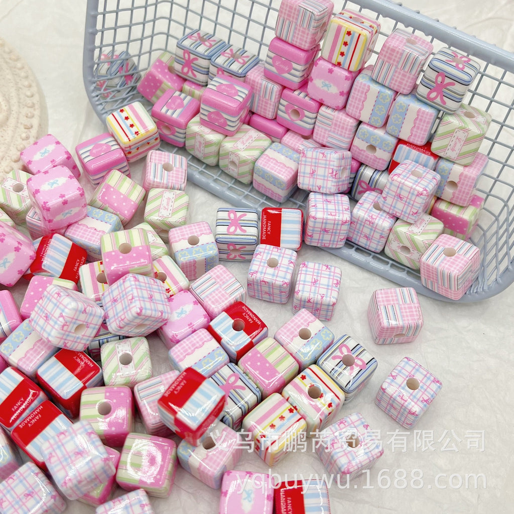Printed Square Acrylic Beads 14mm Fresh Pink Tone 10pcs 4