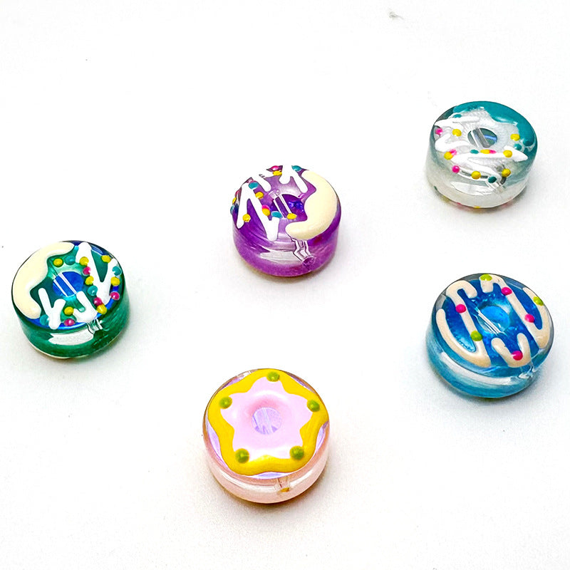 Lampwork Glass Beads Donut 15mm Hand Painted Cream Thick 10pcs 3