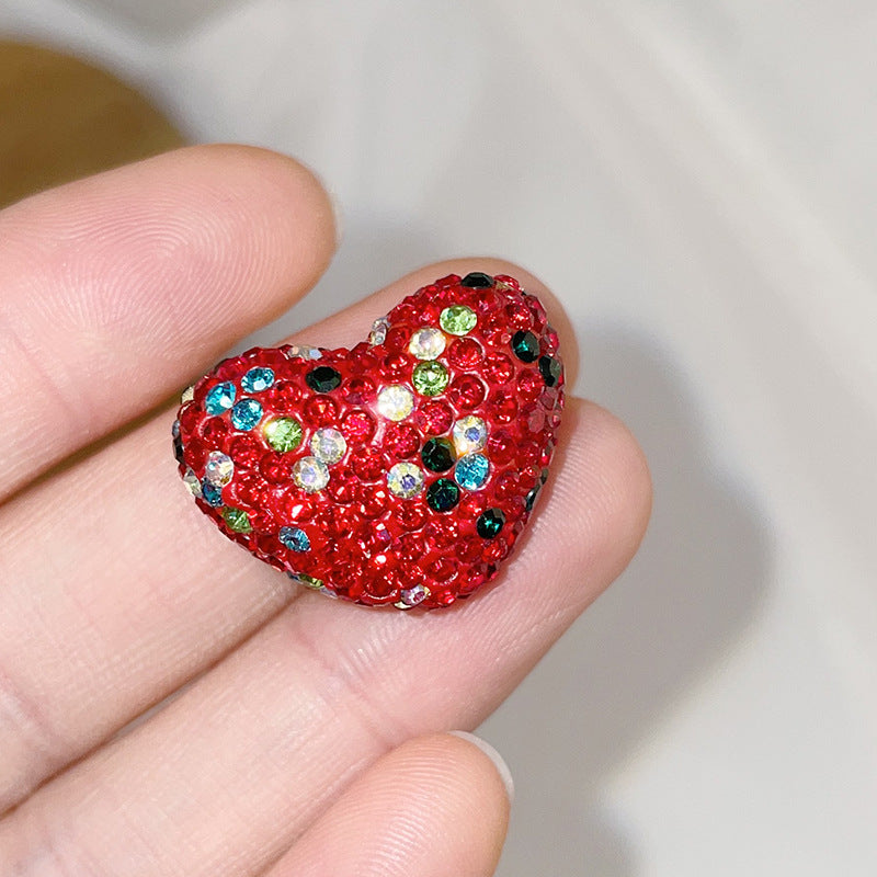 Polymer Clay Heart Rhinestone Beads Christmas Tone 6pcs 5