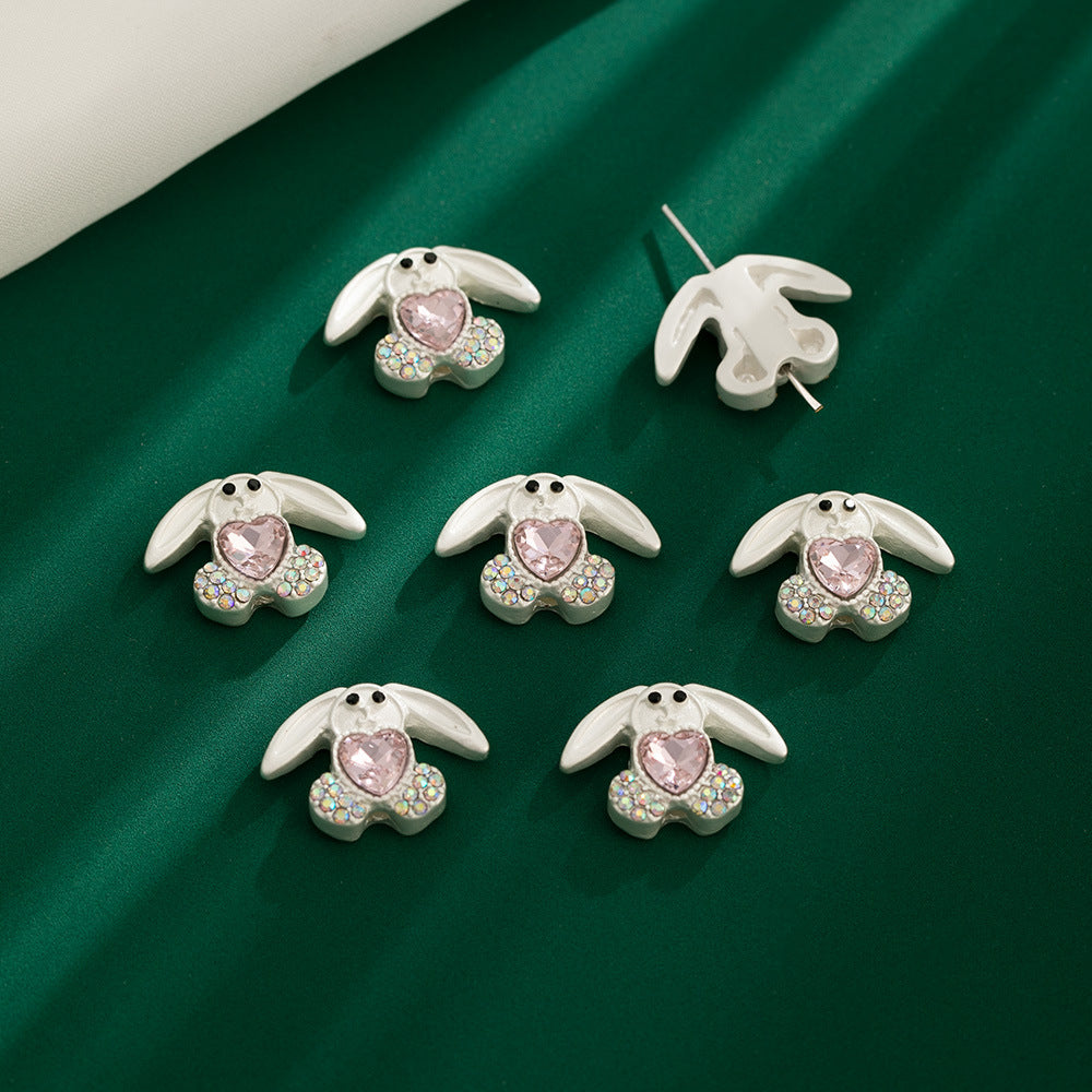 Bunny Holding Heart Rhinestone Beads 21mm Alloy Embeded 10pcs 8