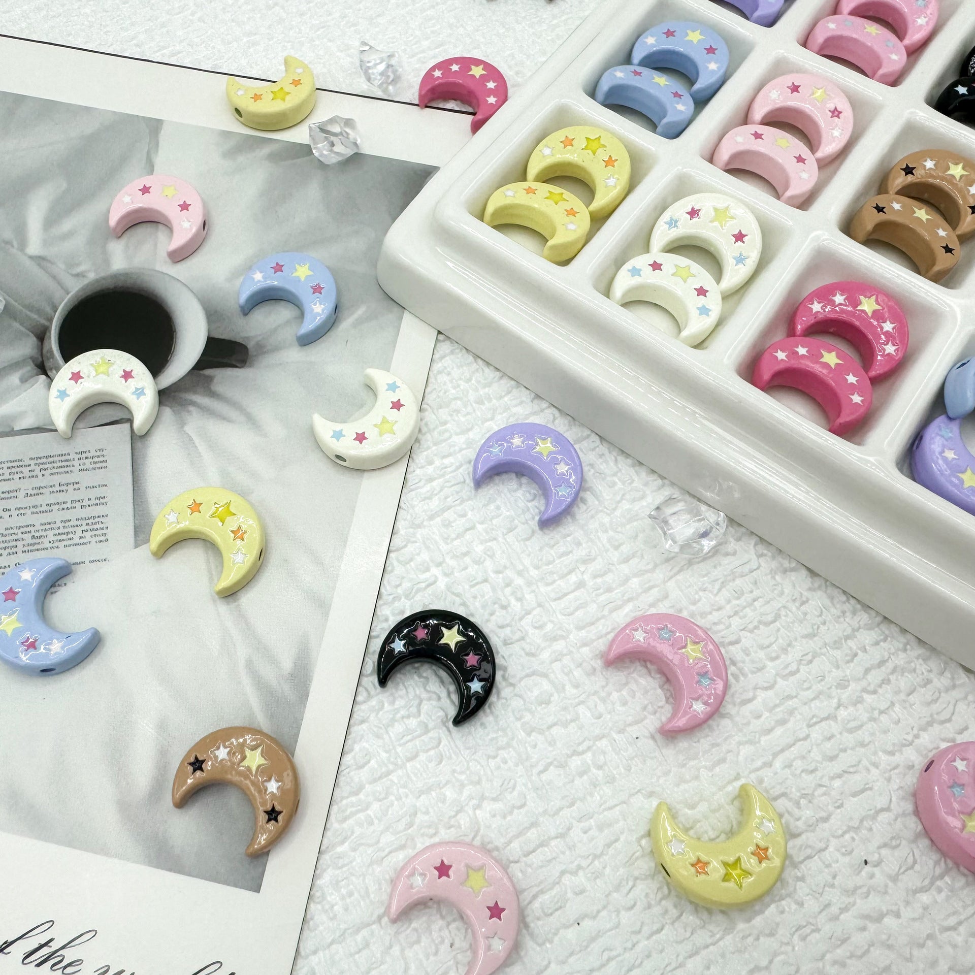 Star Moon Metal Beads 14mm Painted Glossy Celestial 10pcs