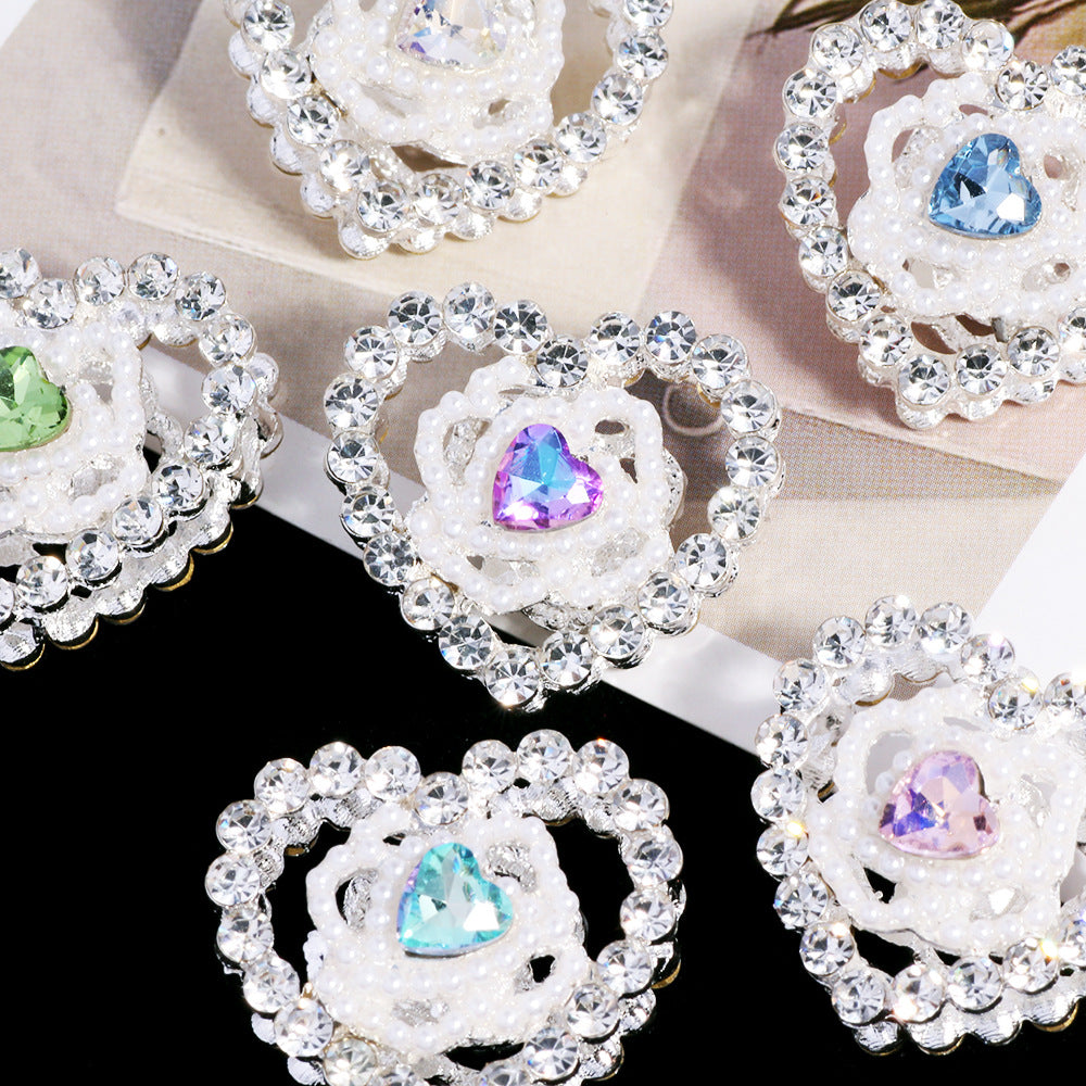 Hollow Floral Heart Rhinestone Beads 25mm Alloy Base 3pcs