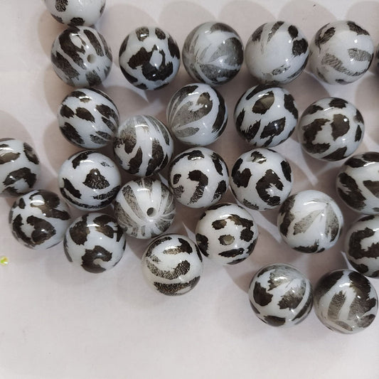 Jelly Bubblegum Beads 20mm White Leopard Print Glossy 10pcs