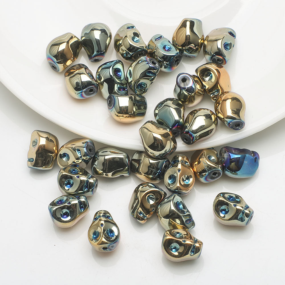 Electroplated Skull Glass Beads 8X10mm Vintage Iridescent Chrome 30pcs 14