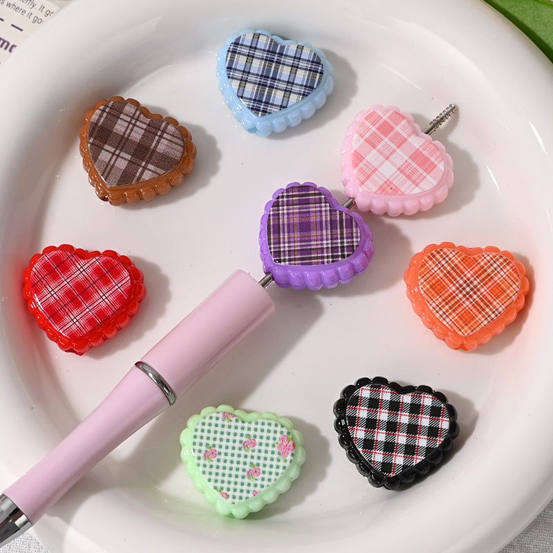 Checkered Lace Heart Acrylic Beads 26mm Colorful Mixed 10pcs