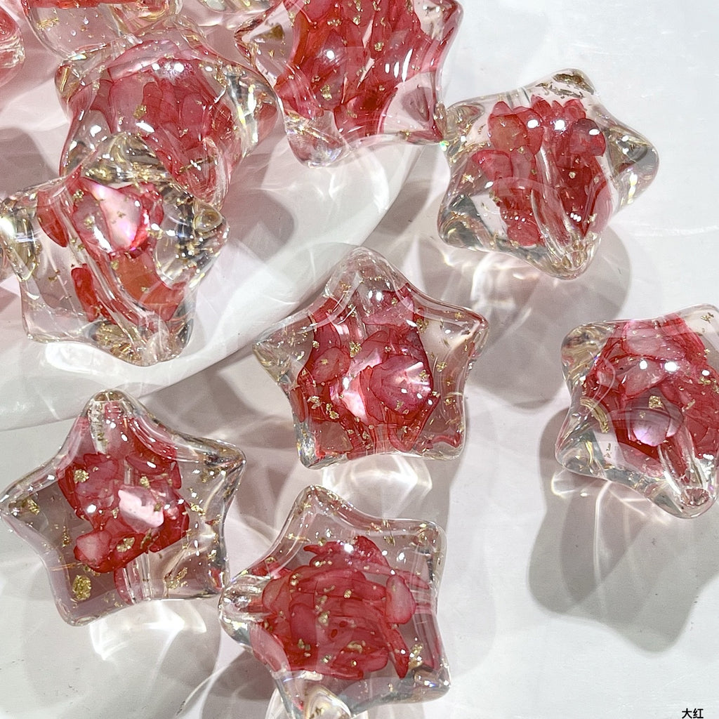 Clear Floral Star Resin Beads 22mm Translucent with Gold Flakes 10pcs 7