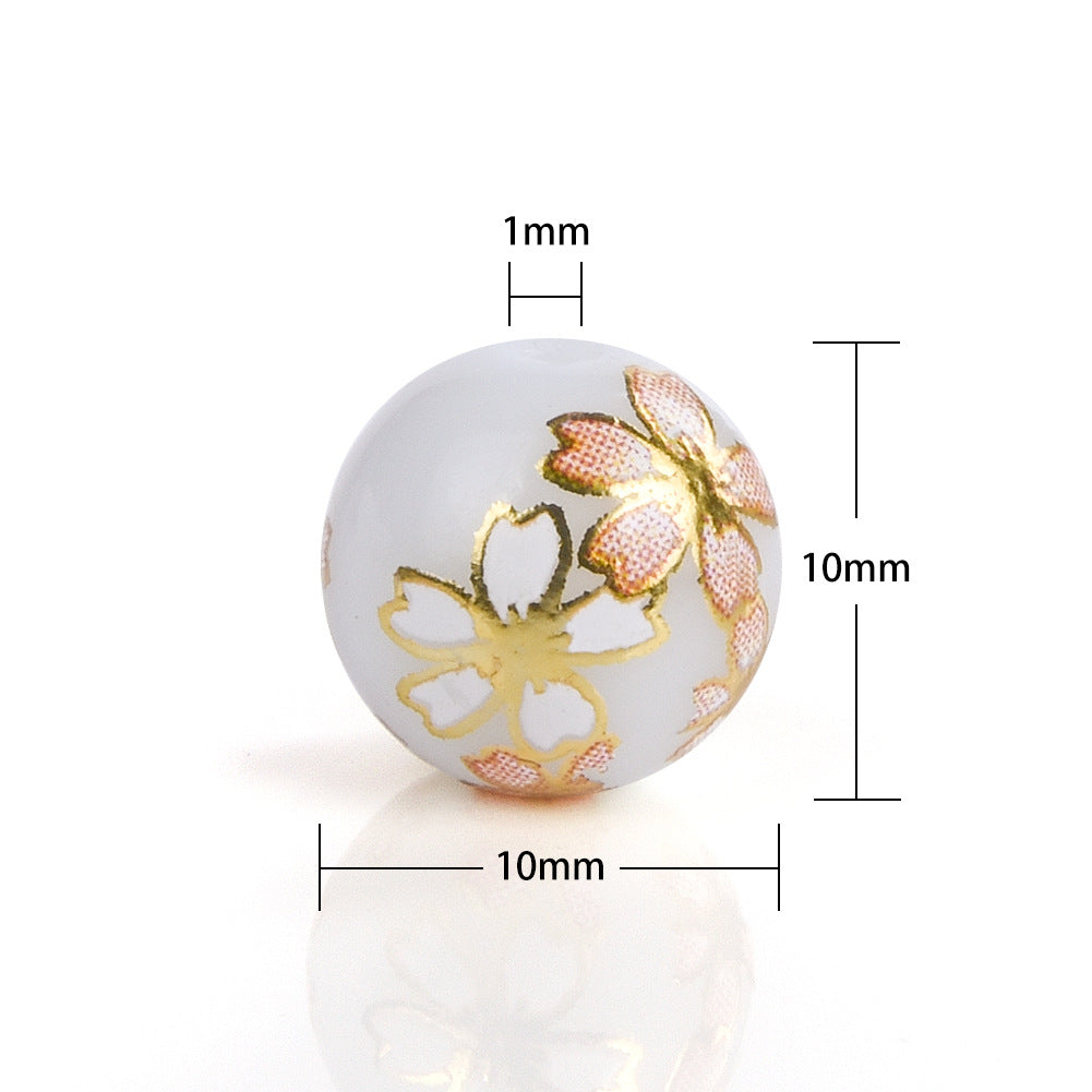 Frosted Round Glass Beads 8-12mm Translucent Gold Floral Design 50pcs 3