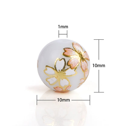 Frosted Round Glass Beads 8-12mm Translucent Gold Floral Design 50pcs 3