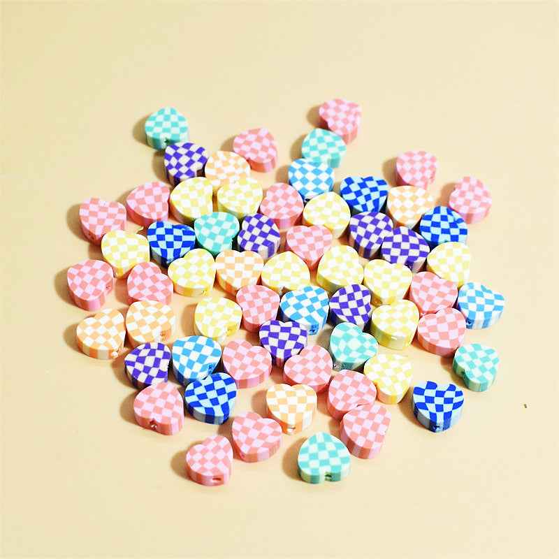Heart Clay Beads 10mm Plaid Black White Polymer 100pcs 6