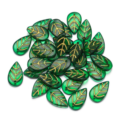 Czech Glass Beads Leaf 17mm Frosted Mixed Colors Gold Accents 30pcs 7
