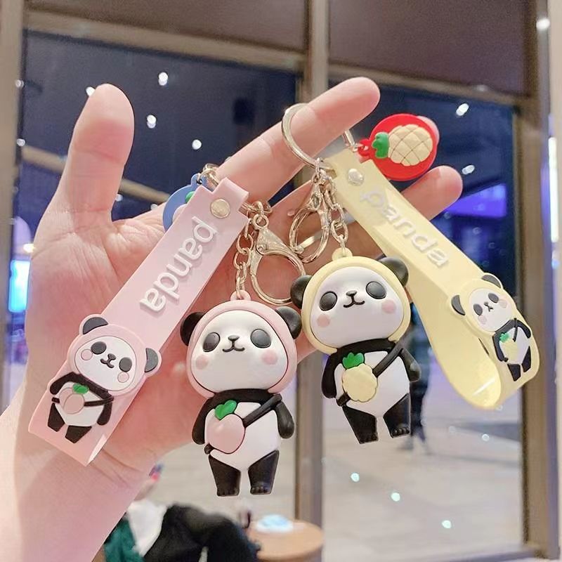Silicone Cartoon Panda Keychain with Strawberry Charm Colorful 3