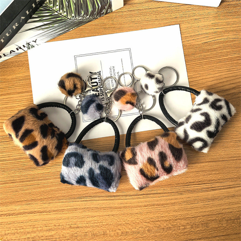Leopard Print Plush Pom Pom Bag Keychain Soft Fluffy Animal Print 2pcs