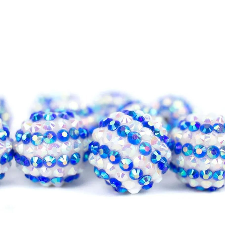 Rhinestone Bubblegum Beads 16-22mm Deep Blue White Striped Resin 5pcs