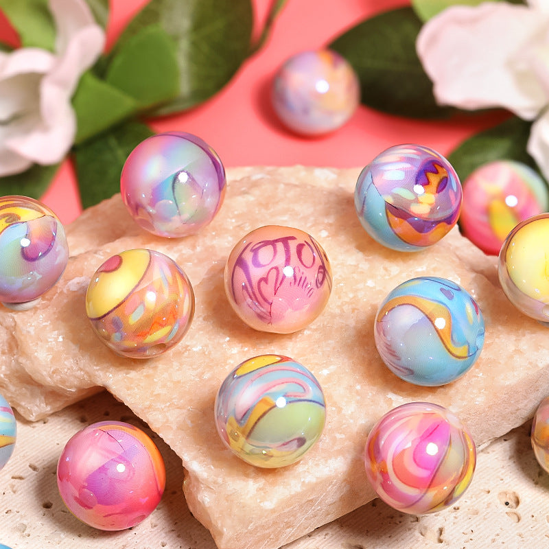 Plating Round Acrylic Beads 16mm UV Graffiti Colors 50pcs