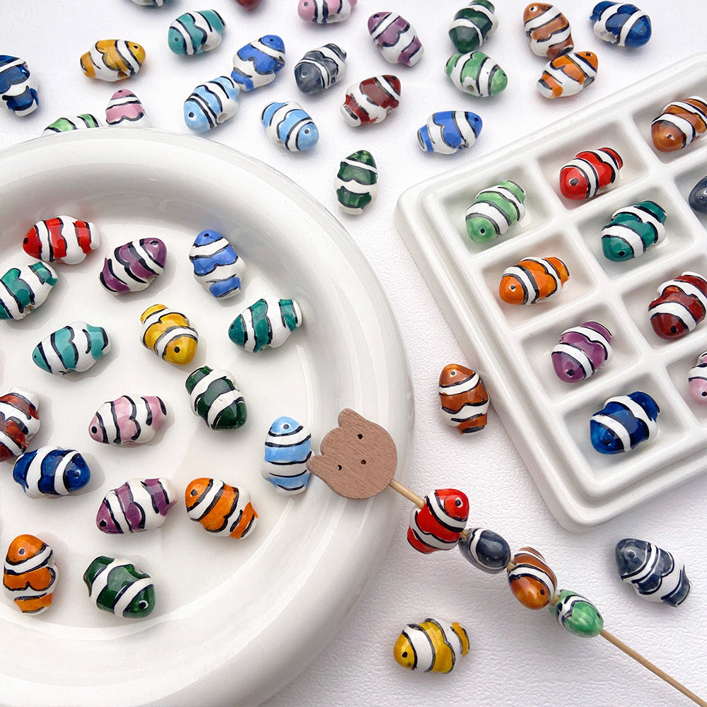 Hand Painted Fish Ceramic Beads 13x19mm Glazed Clownfish 1pc 2