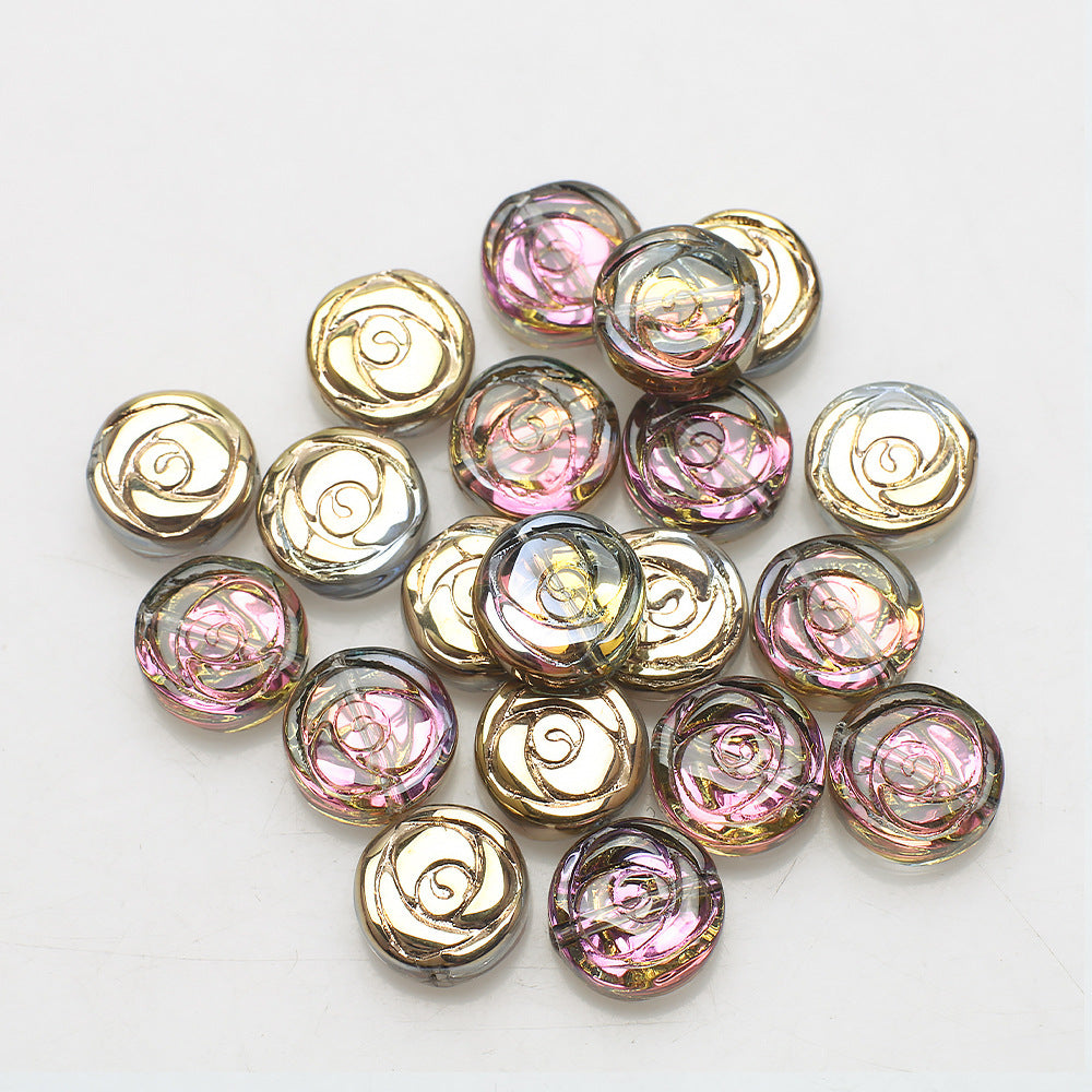 Rose Plated Glass Beads 10mm Glossy Spiral Floral Design 30pcs 6