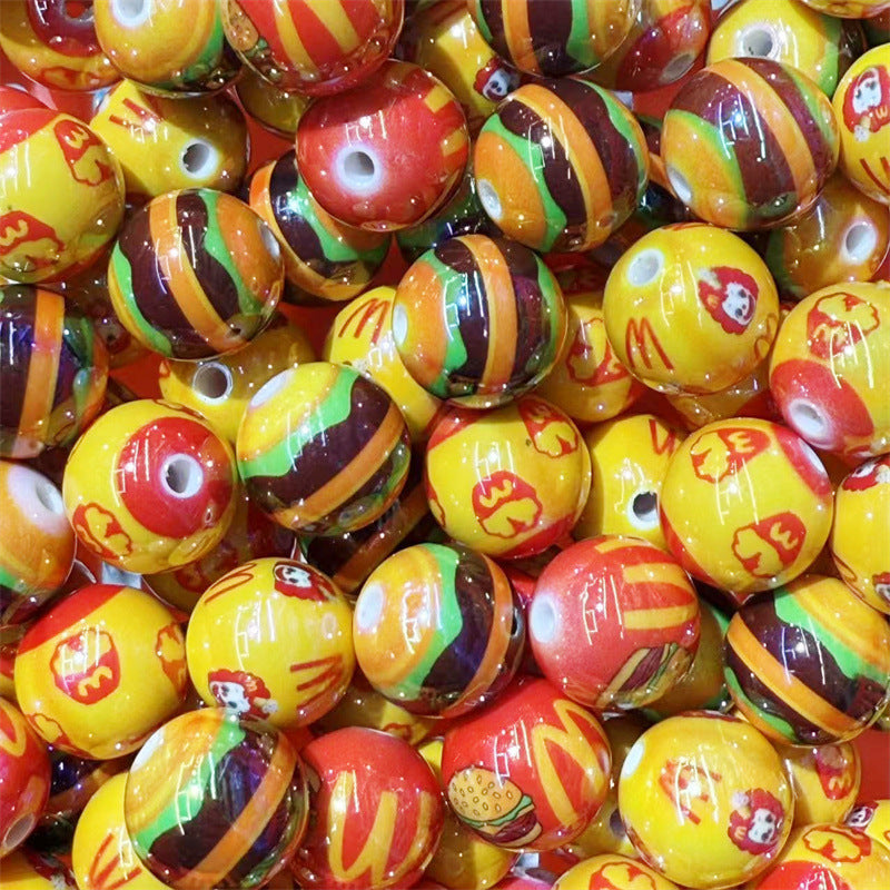Painted Round Acrylic Beads 16mm McDonald Hamburger Design 100pcs 5