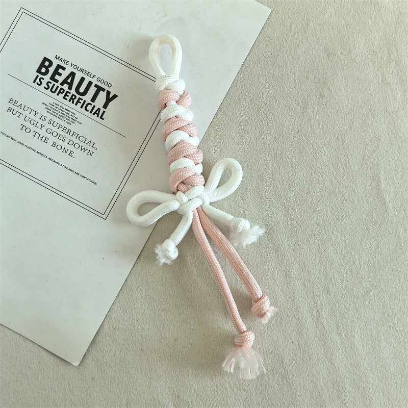 Dual Color Rope Braided Bow Crochet Keychain Polyester 4pcs 75mm 14