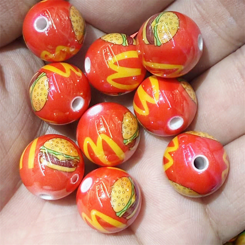 Painted Round Acrylic Beads 16mm McDonald Hamburger Design 100pcs 9