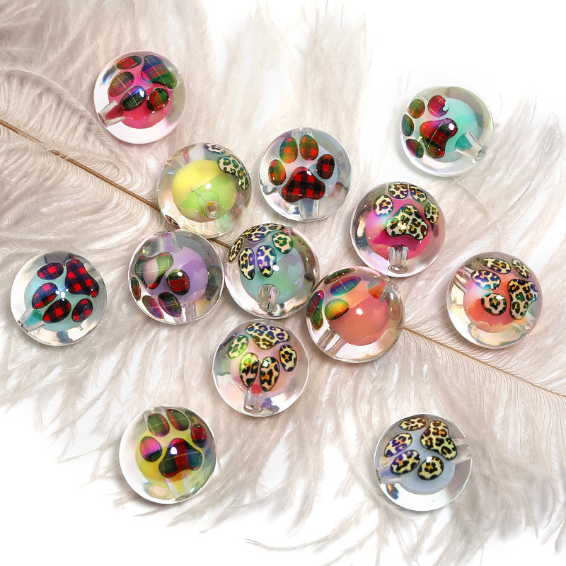 UV Plating Round Acrylic Beads 16mm Leopard Print and Puppy Paw 50pcs 4