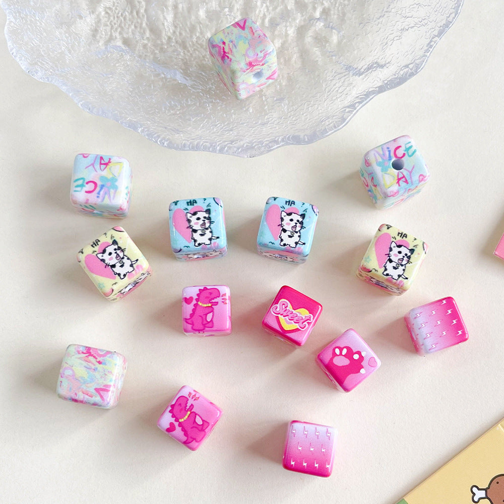 Printed Square Acrylic Beads 14-15mm Dinosaur Cat Graffiti 50pcs